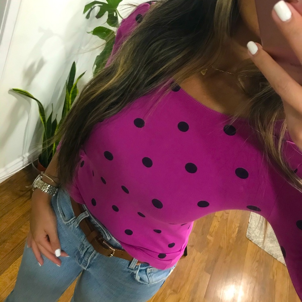 Purple off the shoulder polka dot top